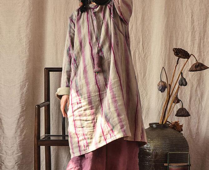 Vintage Asymmetric Front Striped Cotton Linen Dress for Women