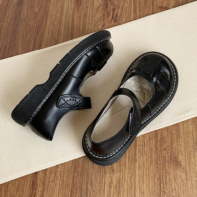 Spring Retro Soft Sole Round Toe Leather Sandals for Women