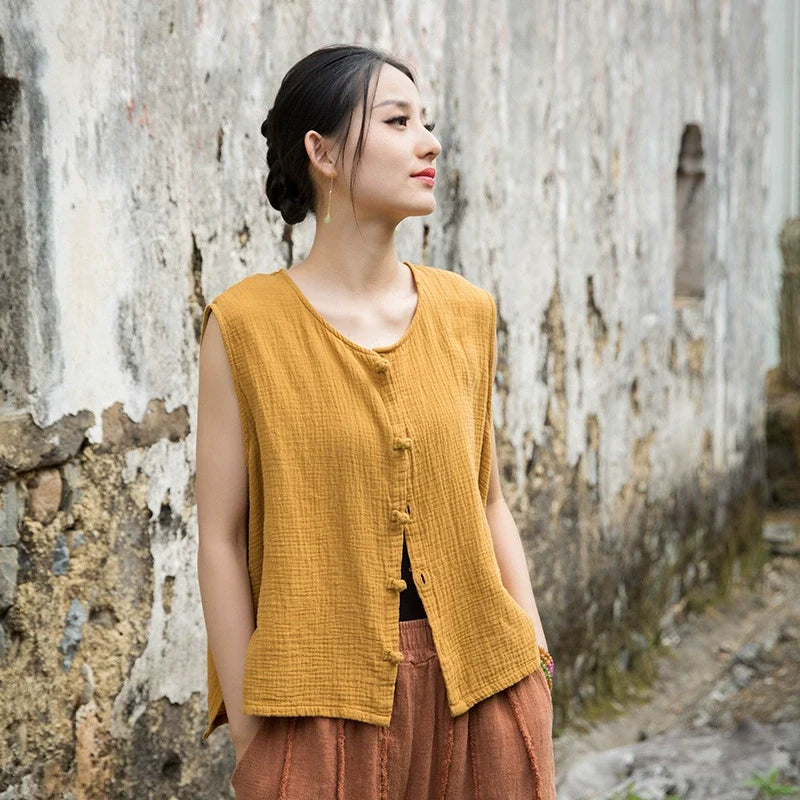 Summer Retro Linen V-Neck Sleeveless Casual Outwear