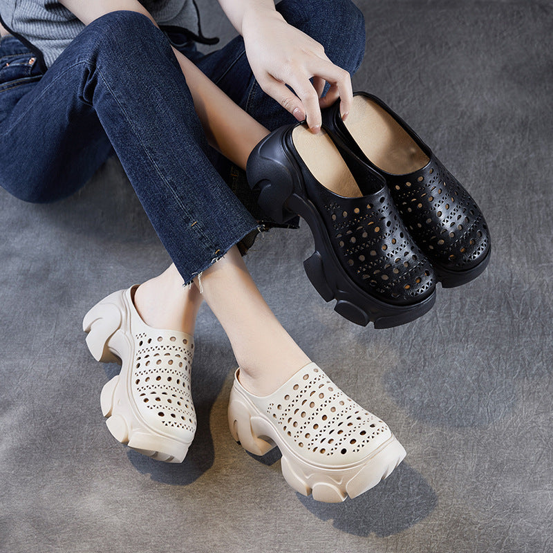 Summer Casual Leather Hollow Chunky Platform Slip On Shoes
