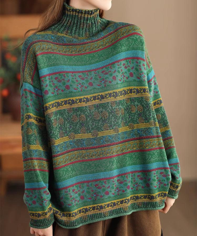 Vintage Floral Patterned Mock Neck Knit Sweater for Women