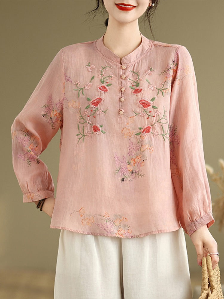 Women Spring Retro Ramie Embroidered Stand Collar Blouse