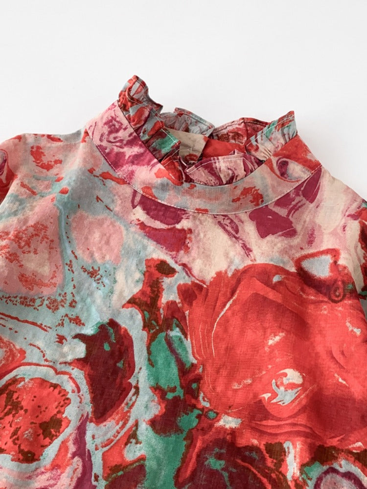 Women Spring Retro Ramie Printed Ruffled Collar Casual Blouse
