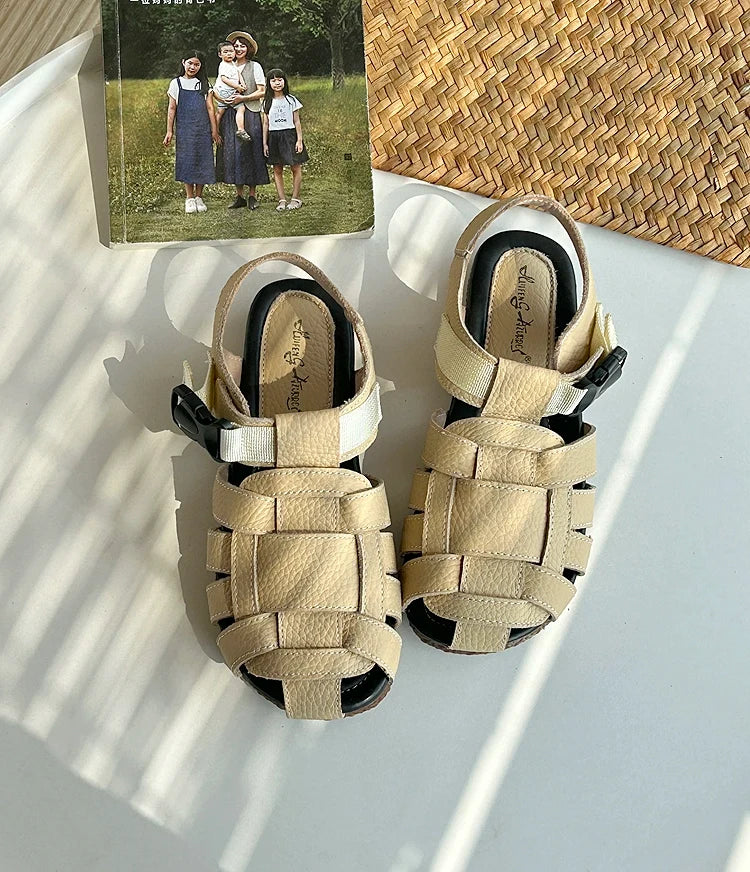 Summer Retro Leather Hollow Woven Closed Toe Shoes