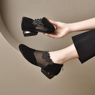 Genuine Leather Mesh Elegant Diamonds Floral Shoes