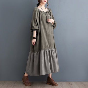 Green Ruffled Drawstring Lantern Sleeves Cotton Linen Dresses