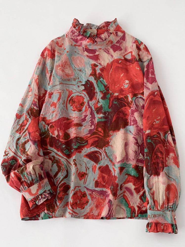 Women Spring Retro Ramie Printed Ruffled Collar Casual Blouse