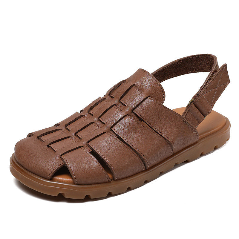 Summer Retro Leather Woven Closed Toe Cut-Out Soft Sole Flats