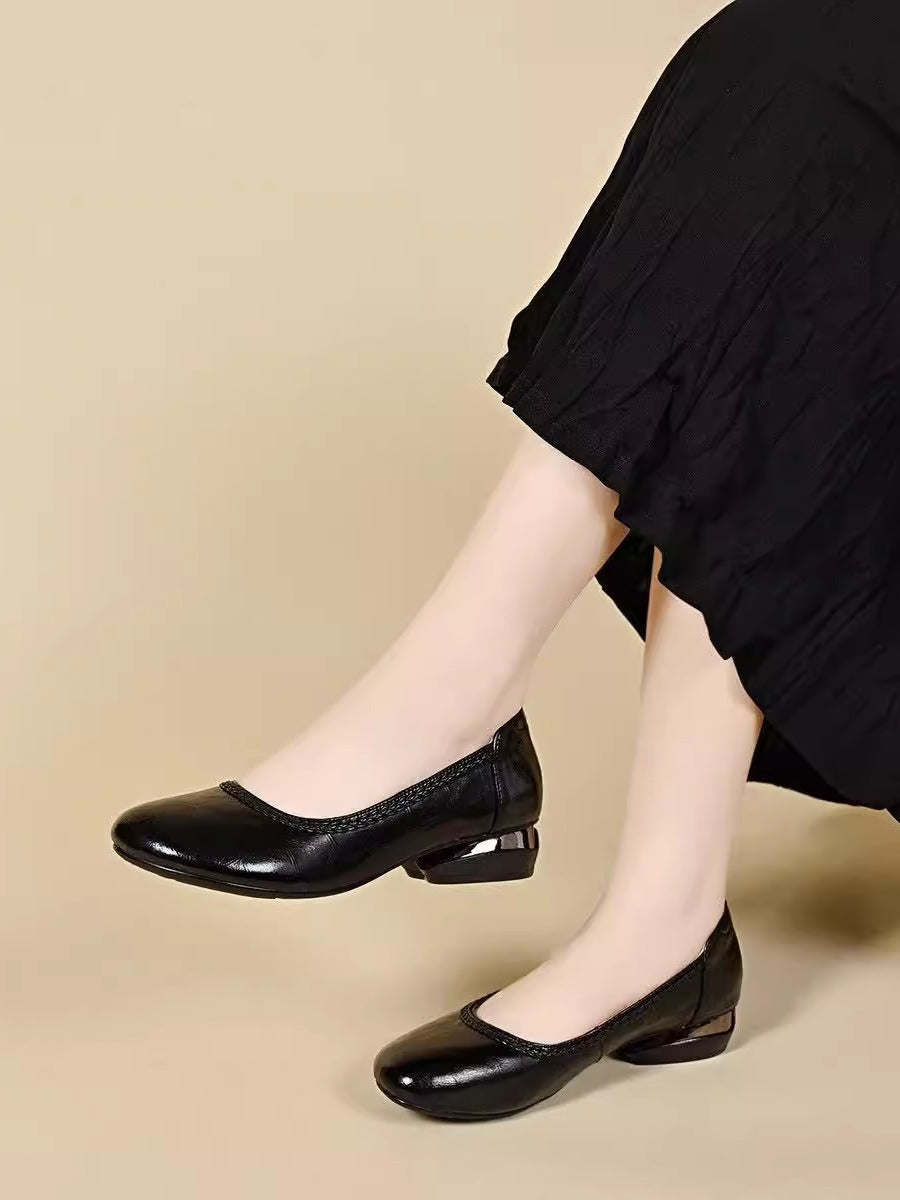 Genuine Leather Round Toe Shallow Slip-On Chunky Shoes