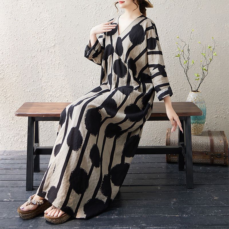 Autumn Linen V-Neck Long Sleeves Printed Dress With Pocket