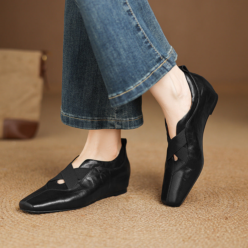 Retro Sheepskin Leather Square Toe Crossing Straped Shoes