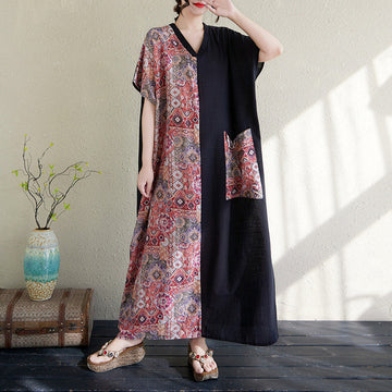 Spring Loose Retro Printed Color Block V-Neck Cotton Dresses