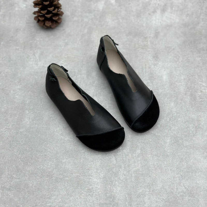 Ladies Retro Contrast Low Heeled Soft Leather Slip-On Shoes