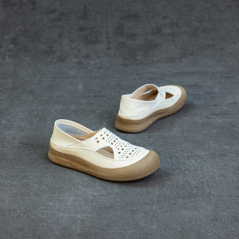 Summer Casual Leather No Slip Hollow Platform Slip On Shoes
