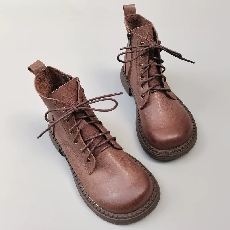 Babakud Women Top Leather Wide Round Toe Lace Up Boots