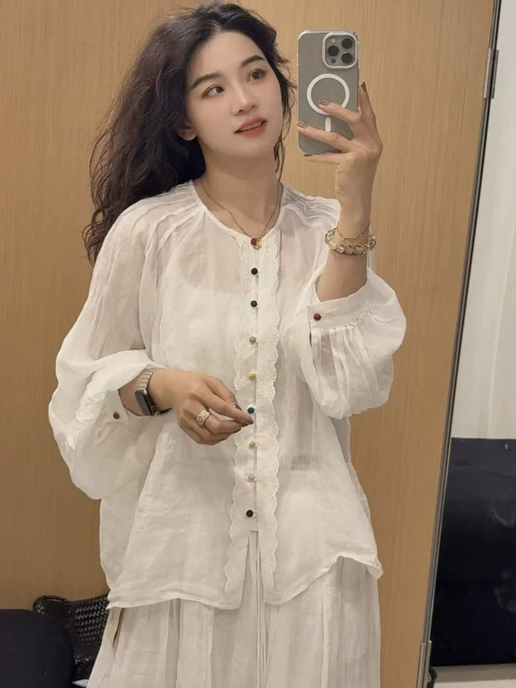Summer Ramie Floral Lace Single-Breasted Puffed Sleeves Top
