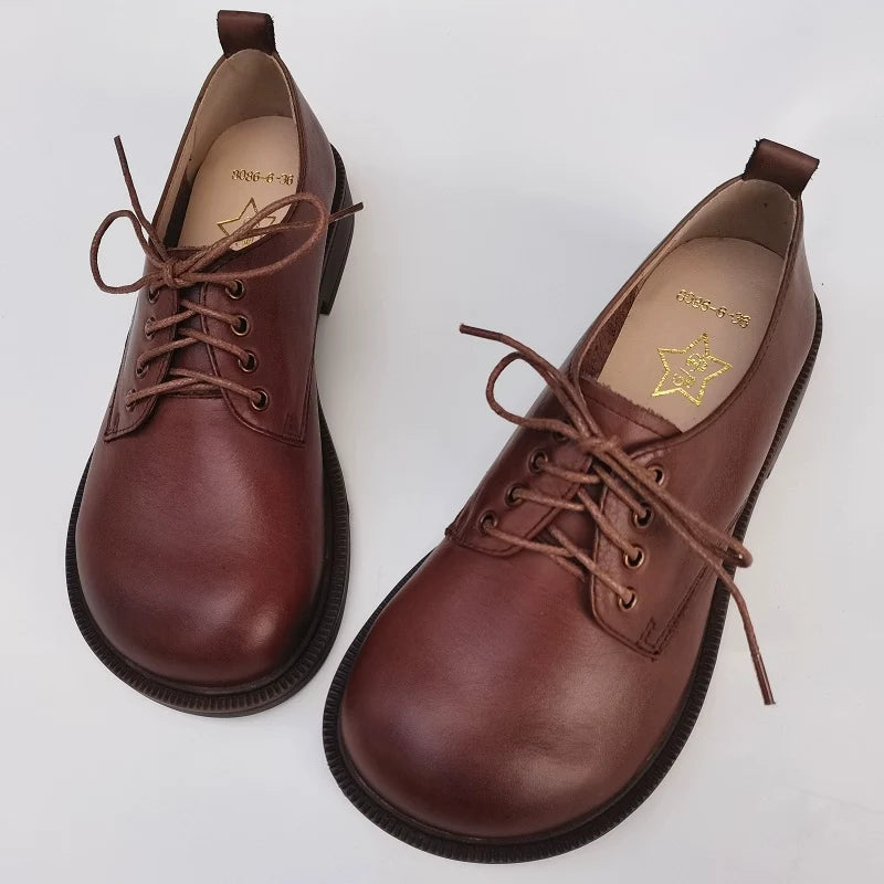 Spring Vintage Casual Leather Round Toe Lace Up Flats