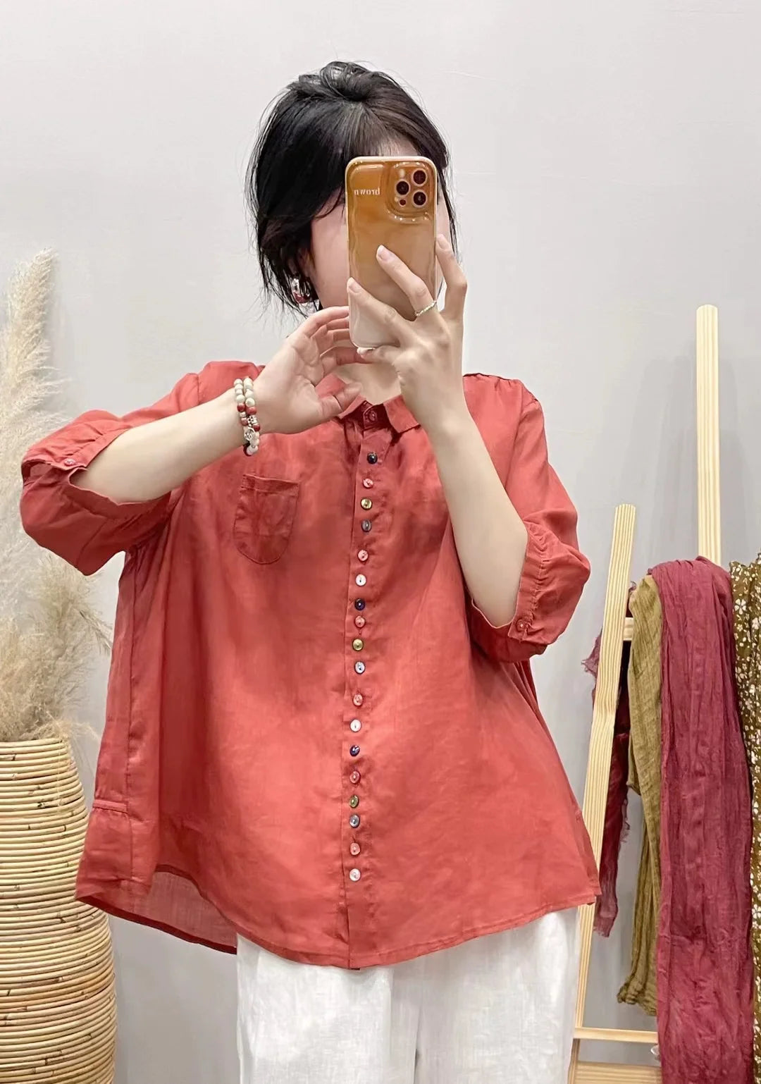Summer Ramie Casual Versatile Colorful Button Loose Shirt