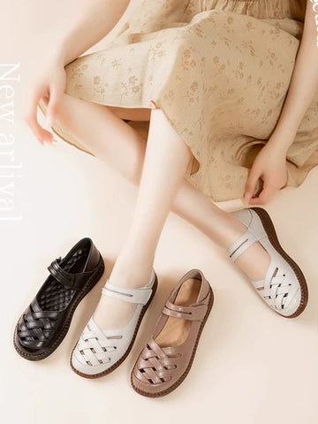 Leather Breathable Casual Closed Toe Woven Shallow Velcro Sandals