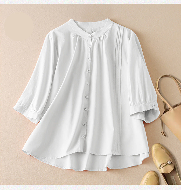 Women Autumn Retro Cotton Linen Stand Collar Loose Shirt