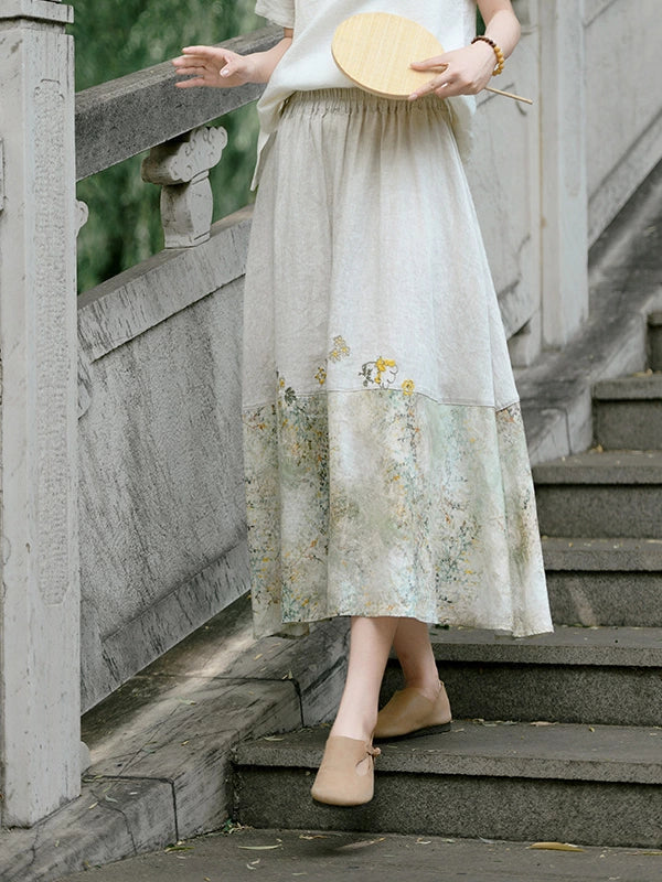 Babakud Retro Elegant Linen Patchwork Elastic Waist Skirts