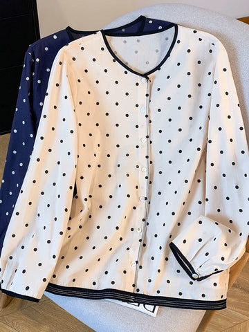 Women Autumn Cotton Round Neck Polka Dot Single-Breasted Shirt