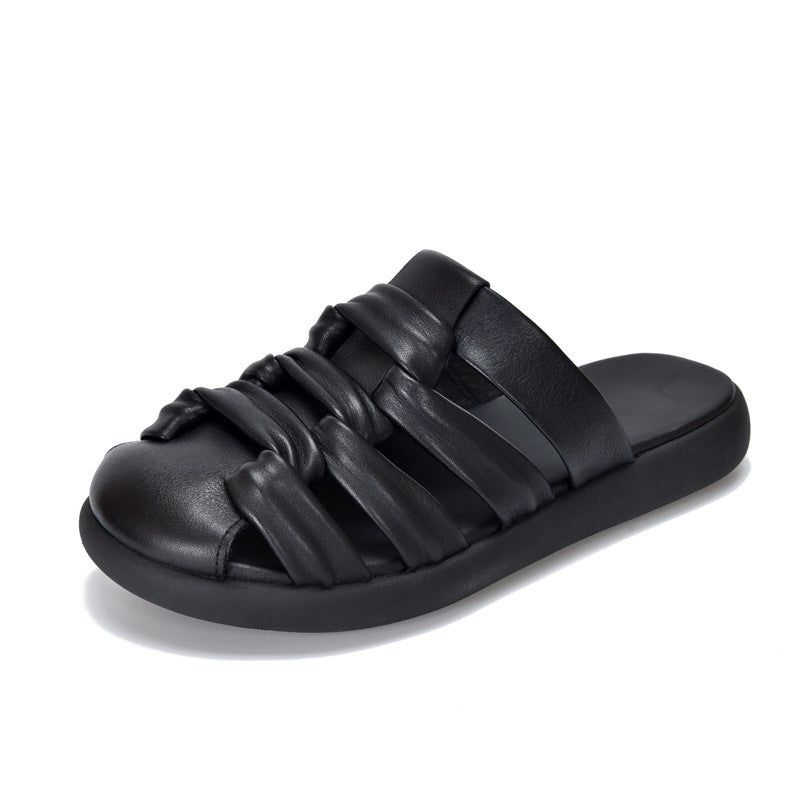 Summer Retro Leather Closed Toe Cut Out Soft Flat Slippers