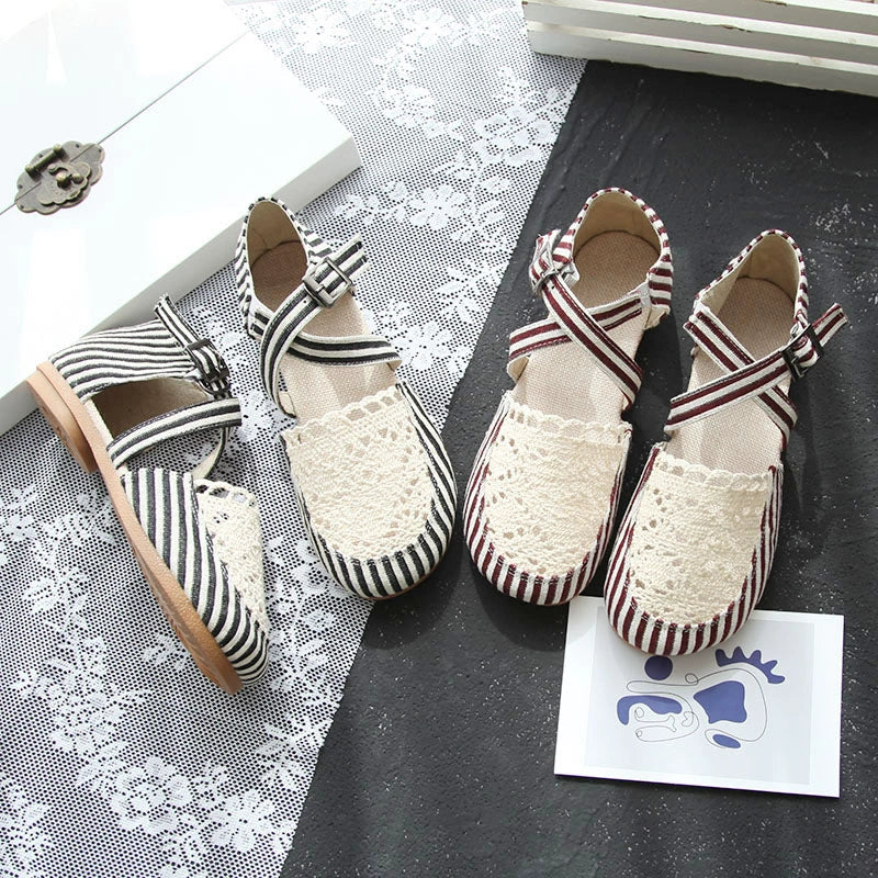 Summer Linen Closed Toe Lace Crossing Straped Striped Shoes