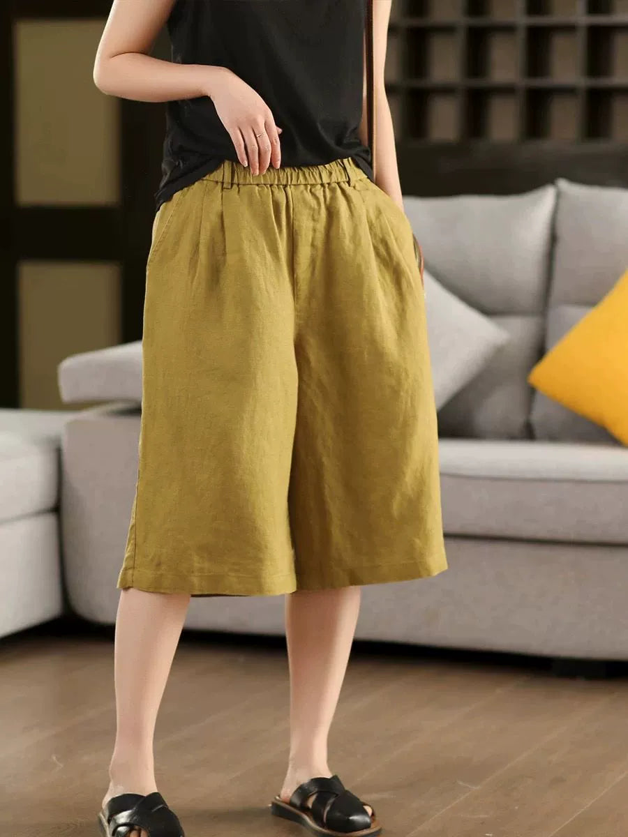 Summer Retro Casual Linen Loose Elastic Waist Knee-Length Shorts