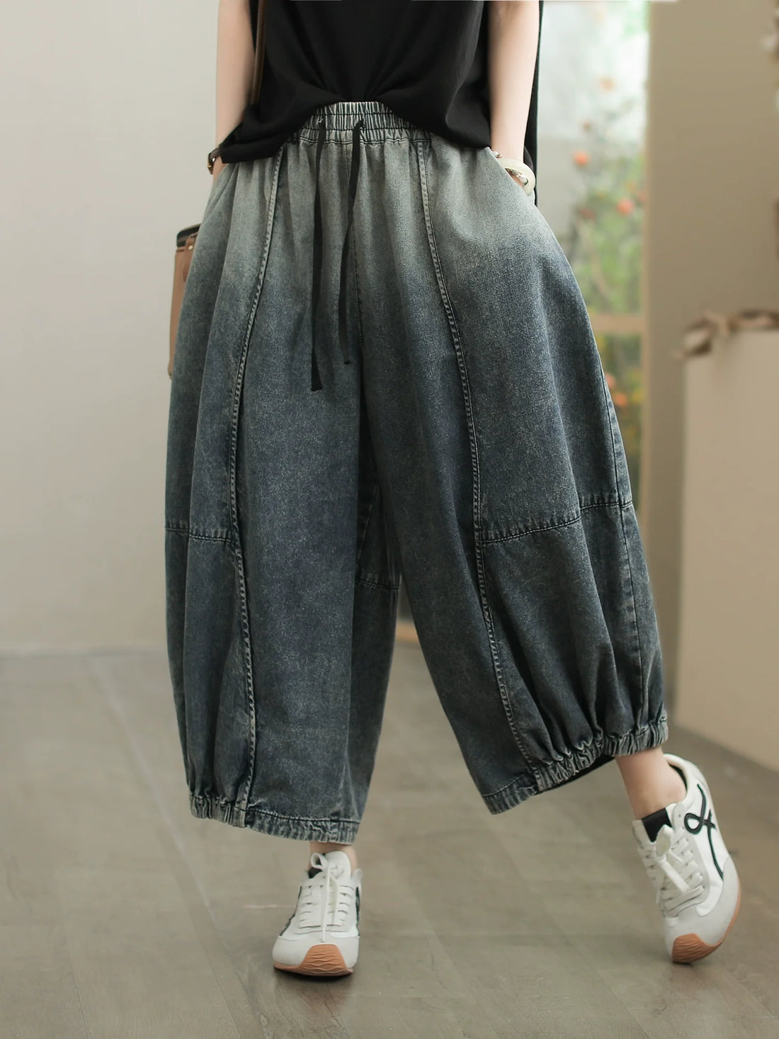 Women Summer Retro Washed Loose Patchwork Harem Jeans