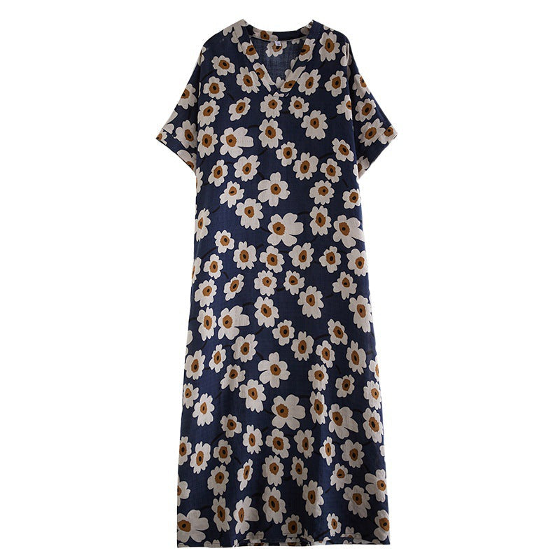 Summer Retro Cotton Linen Vacation V-Neck Floral Plus Size Dress