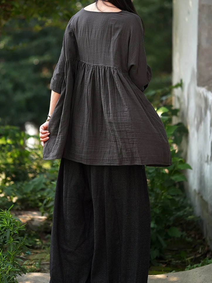 Retro Cotton Casual Versatile Loose V-Neck Long Sleeves Shirt