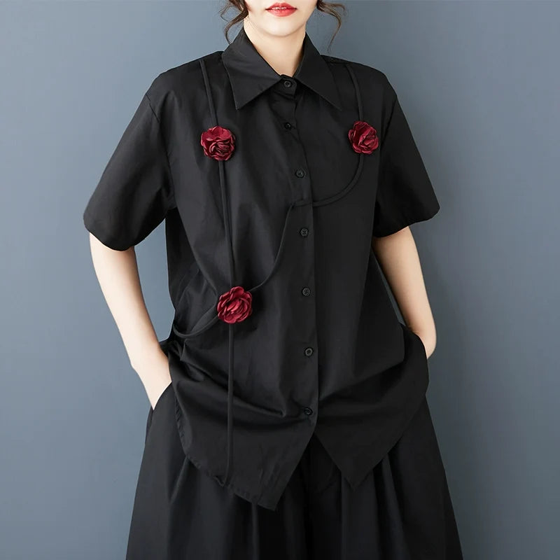 Women Spring Retro Cotton Rose Patchwork Casual Loose Blouse