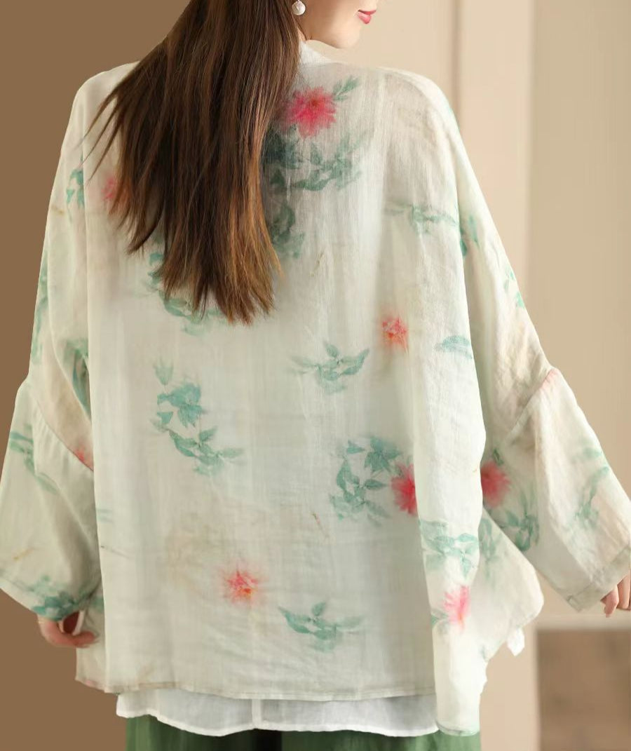 Ladies Vintage Printed Ramie Shirt Chinese Style Elegant Jacket