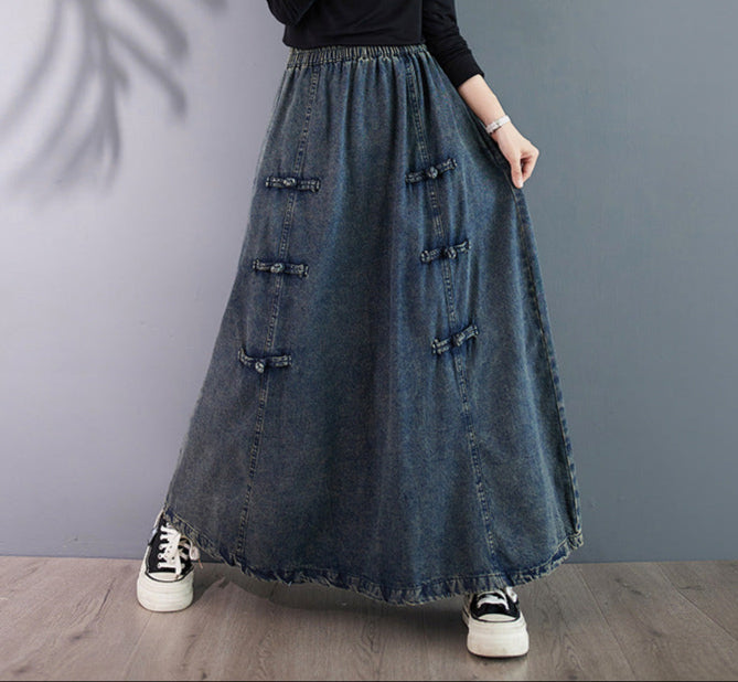 Vintage Elastic Waist Buttoned Denim A-Line Skirt