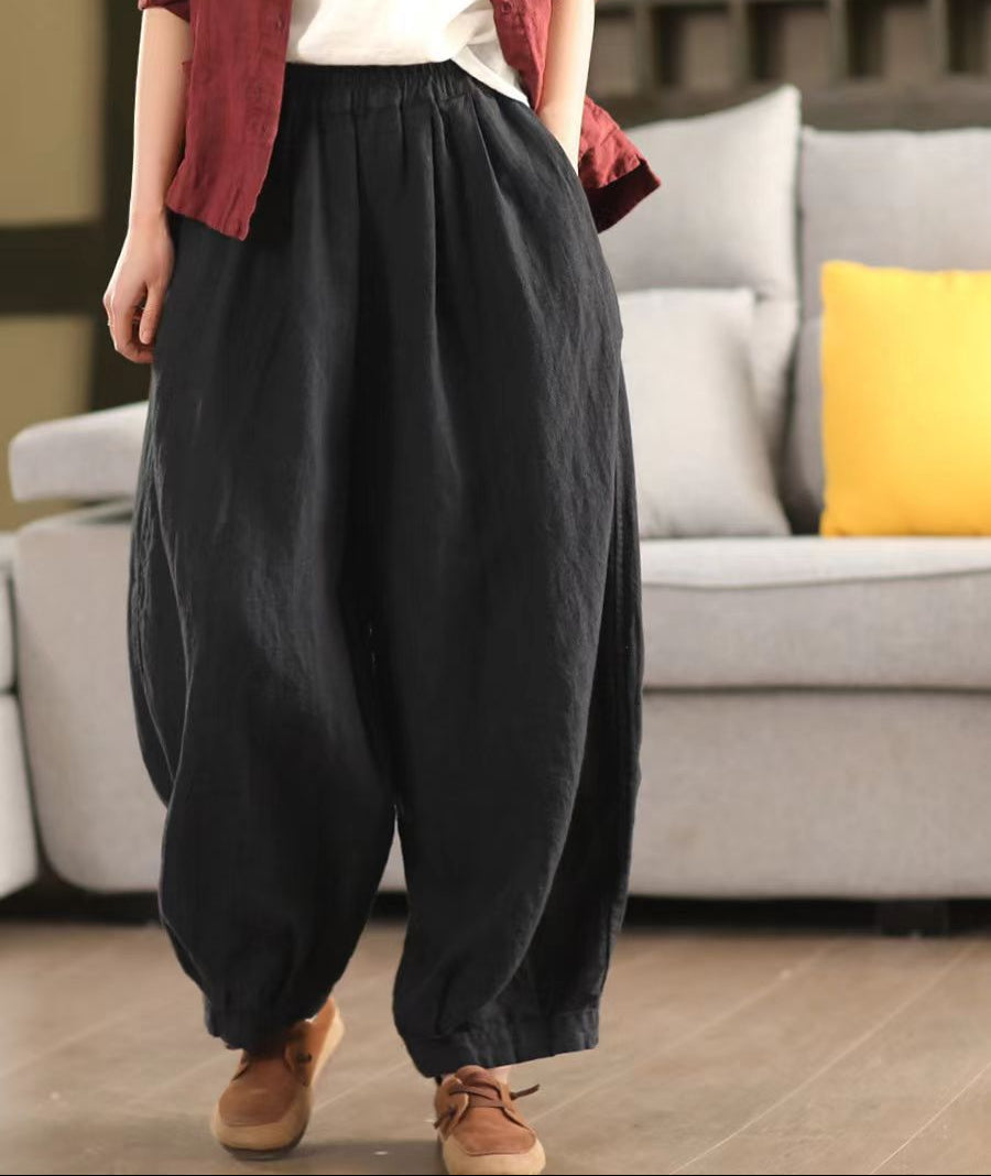 Ladies Spring Loose Vintage Washed Solid Linen Harem Pants