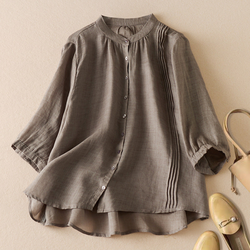 Women Autumn Retro Cotton Linen Stand Collar Loose Shirt