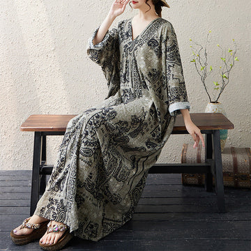 Autumn Retro Cotton Linen V-Neck Printed Loose Dress