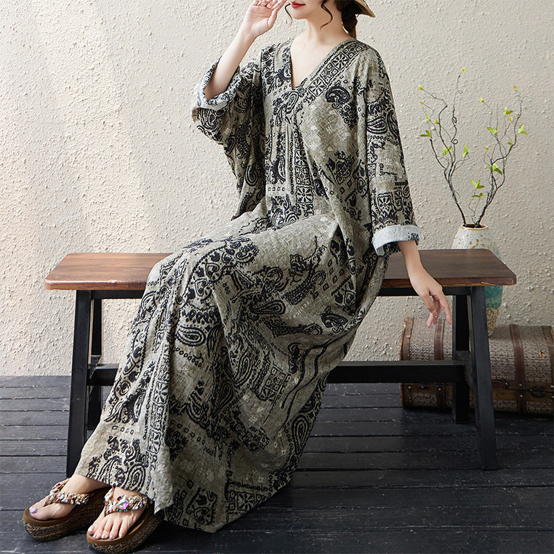 Autumn Retro Cotton Linen V-Neck Printed Loose Dress