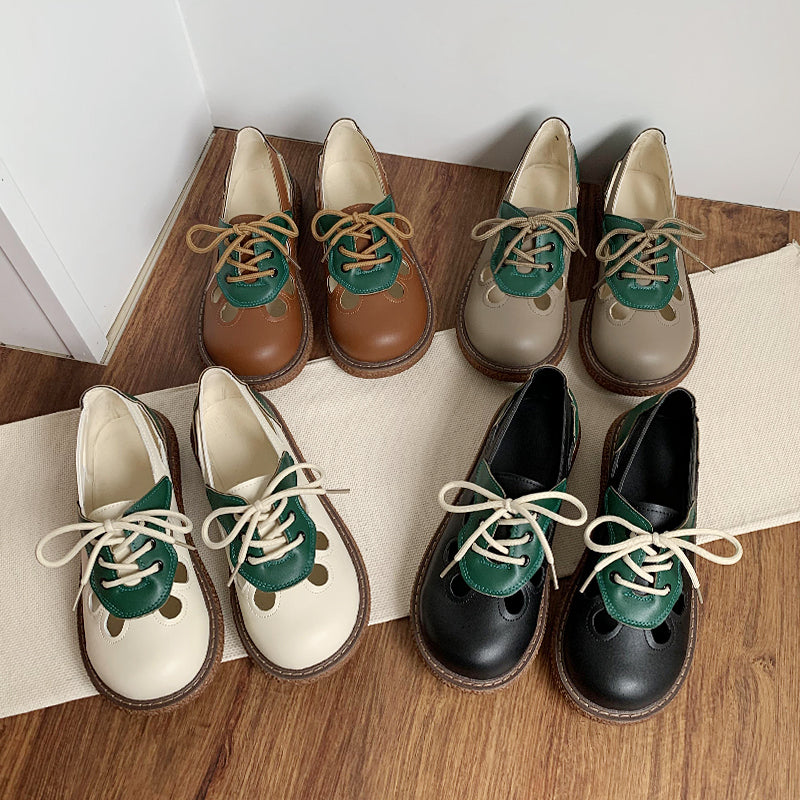 Women's Lace-Up Contrast Color Hollow Leather Casual Shoes