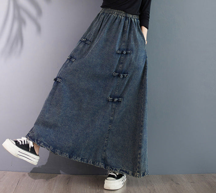 Vintage Elastic Waist Buttoned Denim A-Line Skirt
