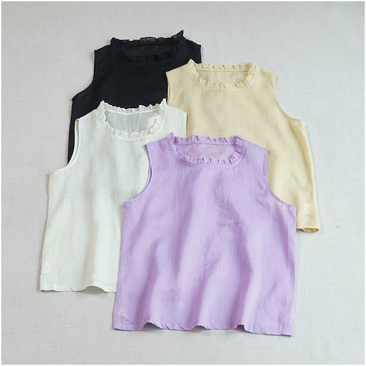 Summer Retro Ramie Thin Ruffled Collar Sleeveless Top