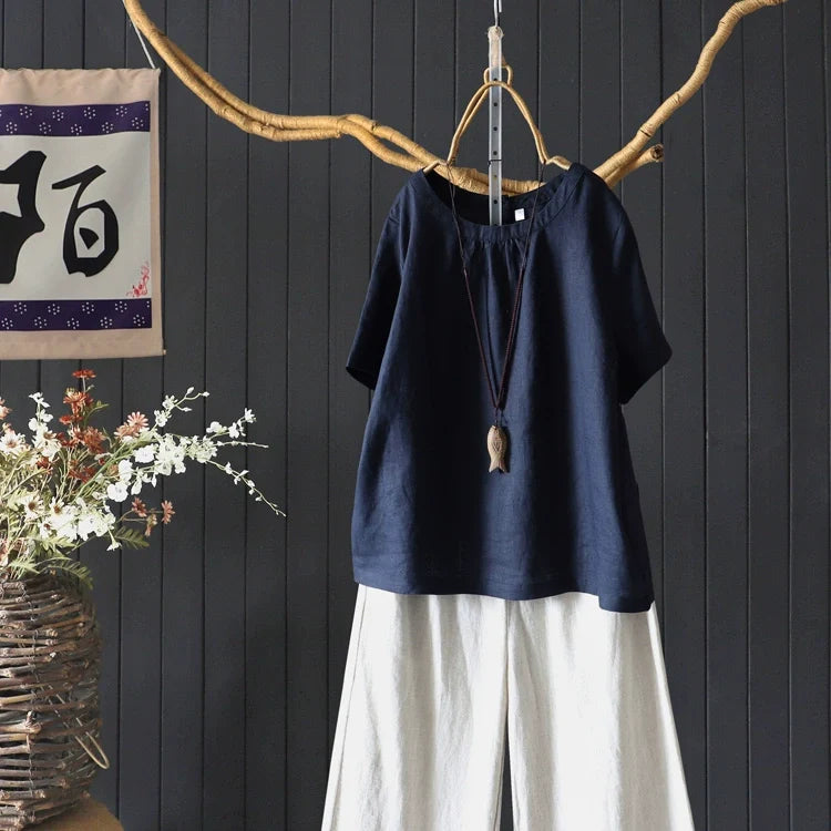 Retro Summer Linen Round Neck Loose Solid Color T-Shirt