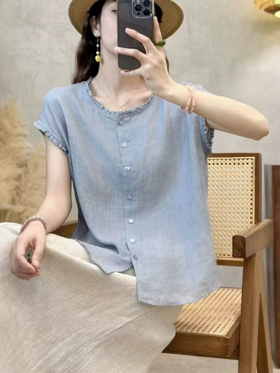 Summer Casual Ramie Round Neck Ruffle Collar Sleeveless Shirt