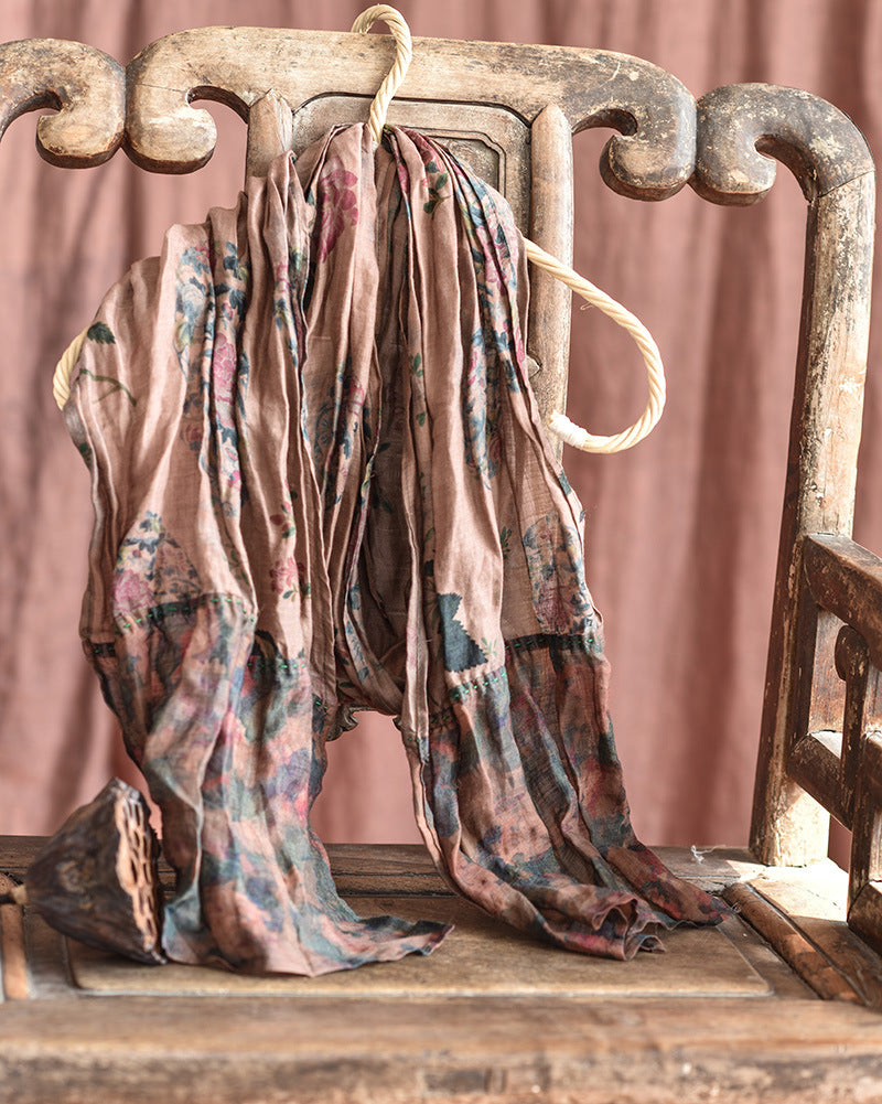 Vintage Distressed Printed Long Patchwork Ramie Scarf