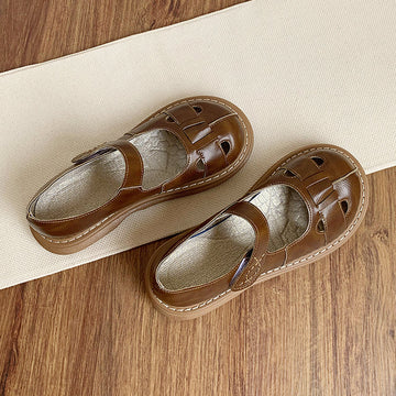 Spring Retro Soft Sole Round Toe Leather Sandals for Women