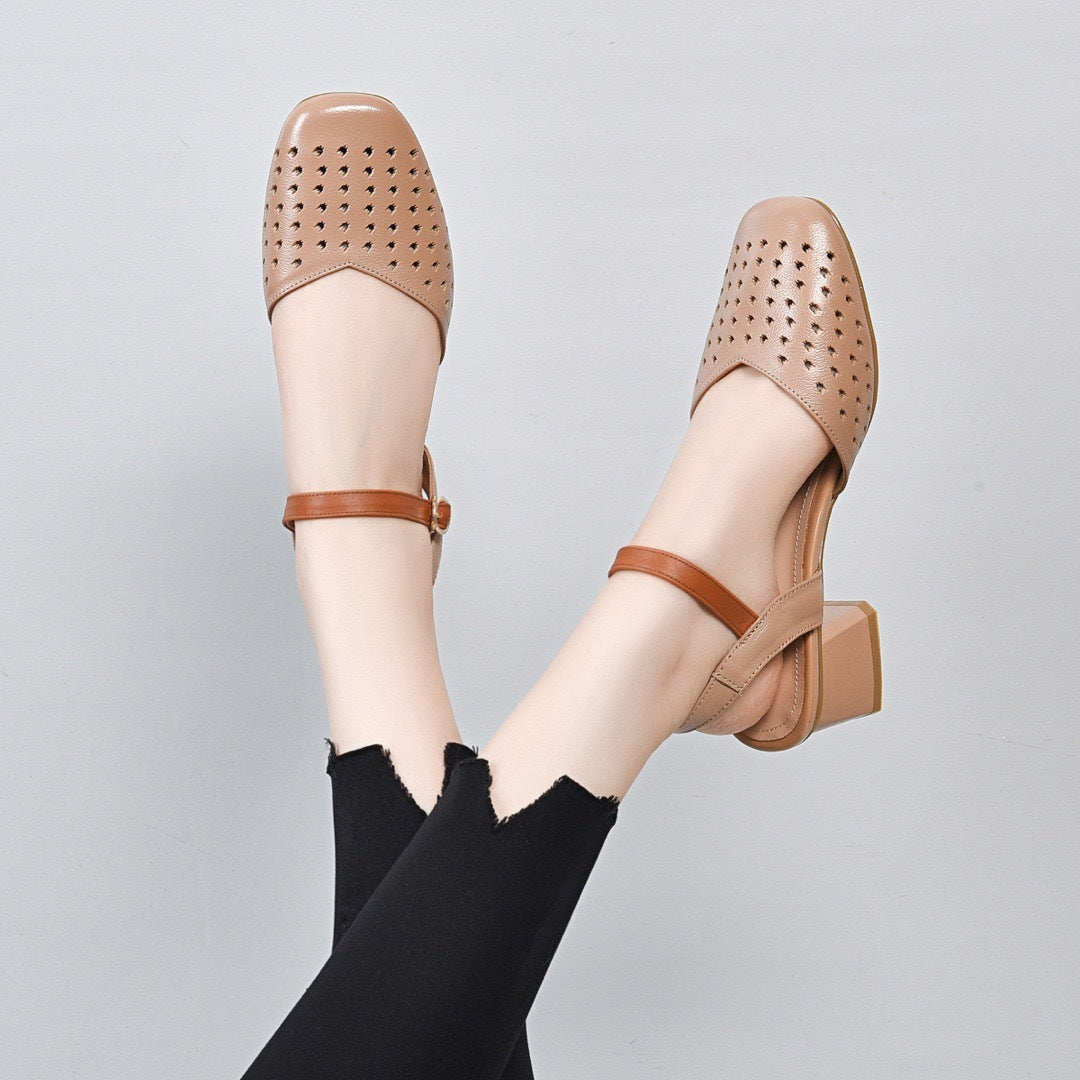 Retro Top Leather Hollow One Straped Chunky Sandals