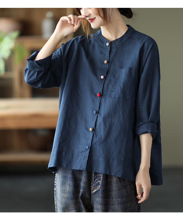 Loose Colorful Single-Breasted Casual Linen Shirts for Women