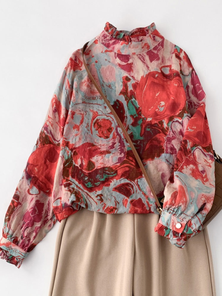 Women Spring Retro Ramie Printed Ruffled Collar Casual Blouse