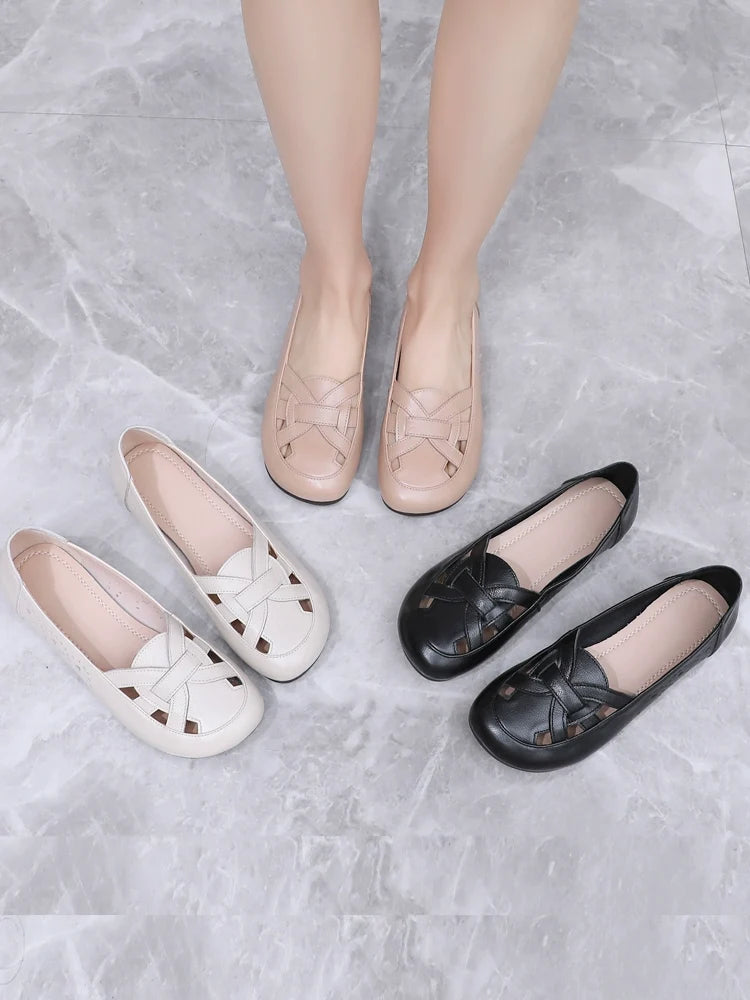 Retro Genuine Leather Cut Out Plus Size Closed Toe Flats